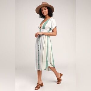 O'Neill Cream & Green Striped Button-Front Midi Dress size Small